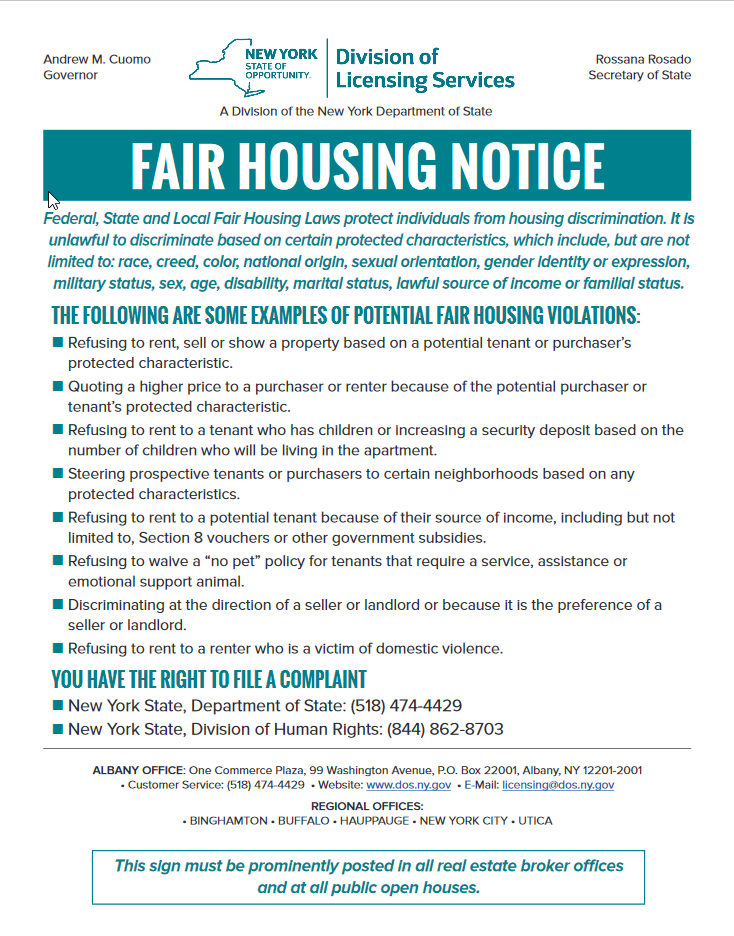 Poster Fair Housing Notice from the Division of Licensing Services in the New York Department of State